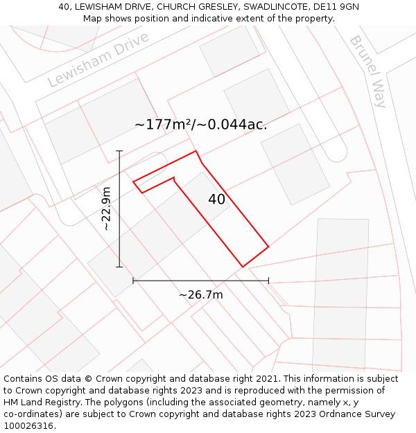 40, LEWISHAM DRIVE, CHURCH GRESLEY, SWADLINCOTE, DE11 9GN: Plot and title map