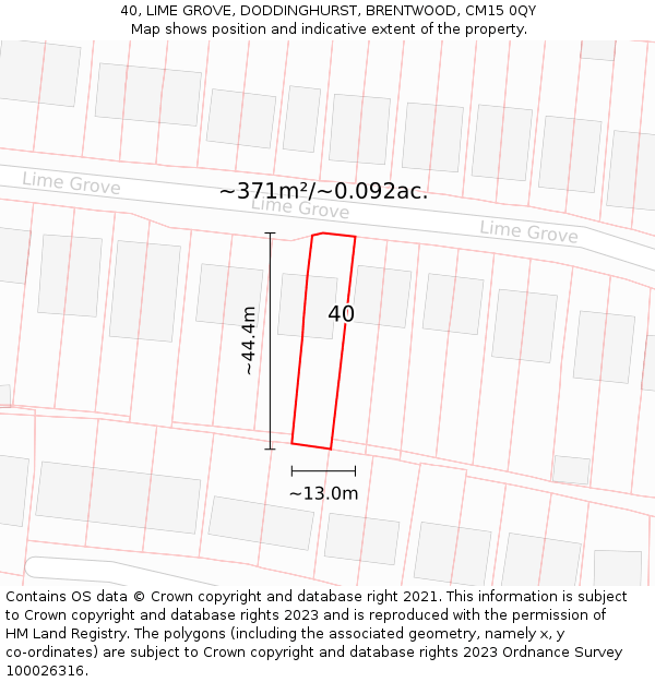 40, LIME GROVE, DODDINGHURST, BRENTWOOD, CM15 0QY: Plot and title map