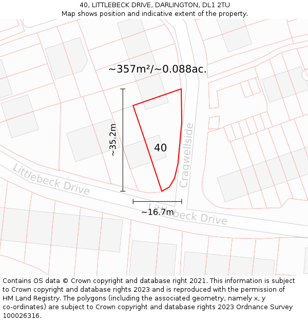 40, LITTLEBECK DRIVE, DARLINGTON, DL1 2TU: Plot and title map
