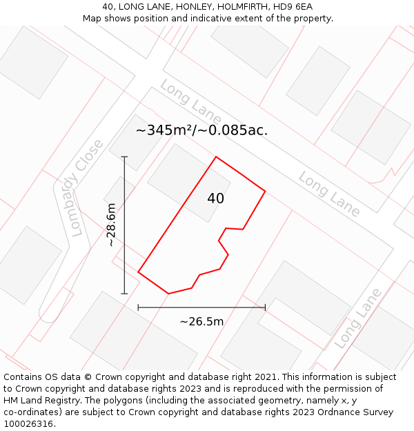 40, LONG LANE, HONLEY, HOLMFIRTH, HD9 6EA: Plot and title map