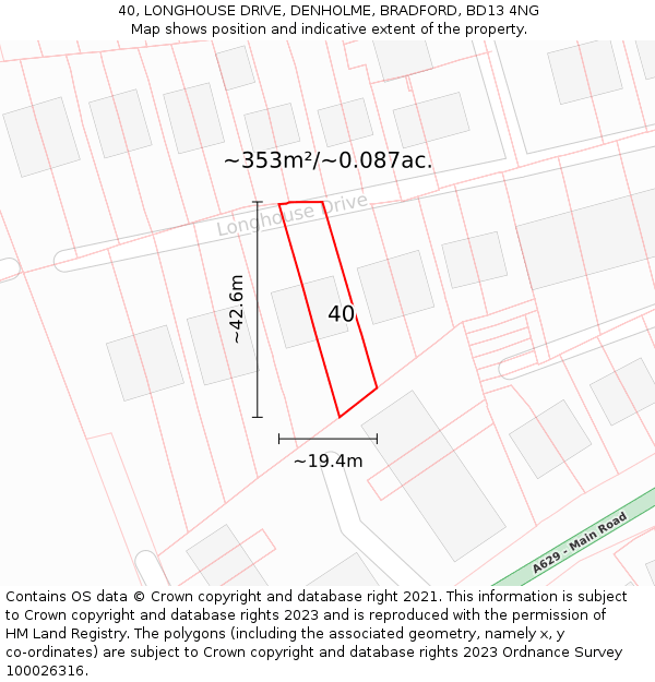 40, LONGHOUSE DRIVE, DENHOLME, BRADFORD, BD13 4NG: Plot and title map