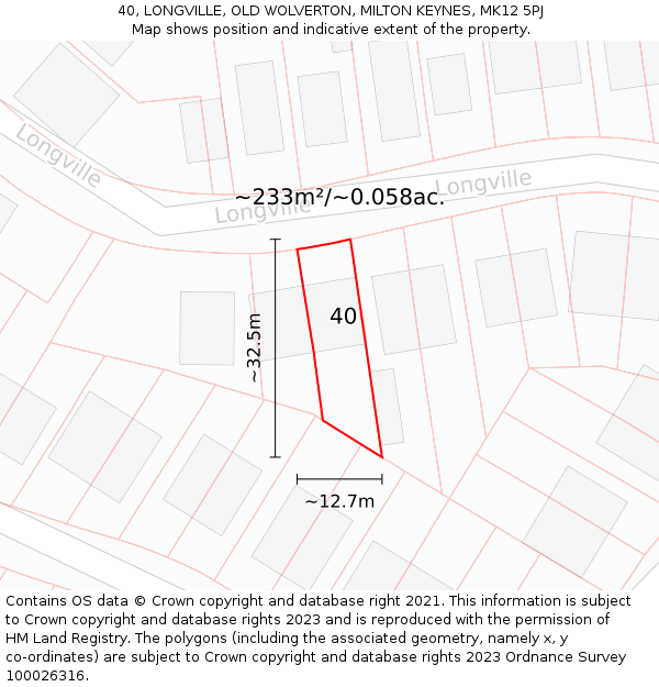 40, LONGVILLE, OLD WOLVERTON, MILTON KEYNES, MK12 5PJ: Plot and title map