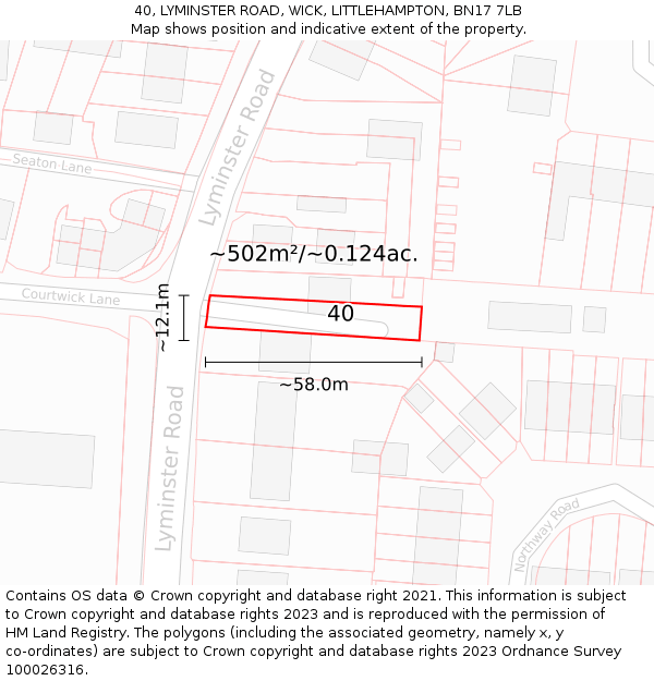 40, LYMINSTER ROAD, WICK, LITTLEHAMPTON, BN17 7LB: Plot and title map