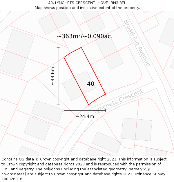 40, LYNCHETS CRESCENT, HOVE, BN3 8EL: Plot and title map