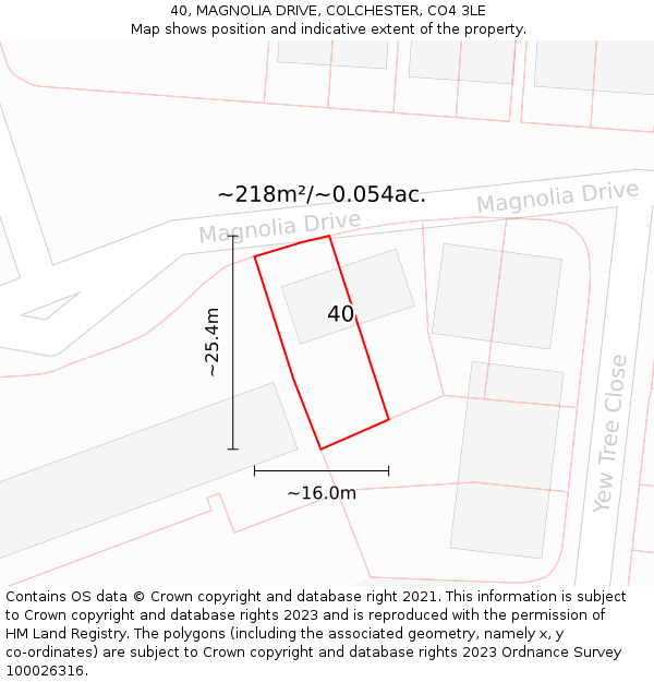 40, MAGNOLIA DRIVE, COLCHESTER, CO4 3LE: Plot and title map