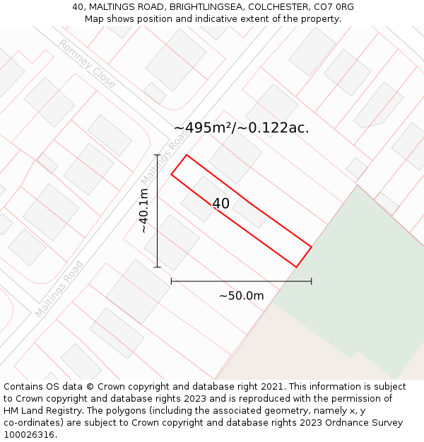40, MALTINGS ROAD, BRIGHTLINGSEA, COLCHESTER, CO7 0RG: Plot and title map