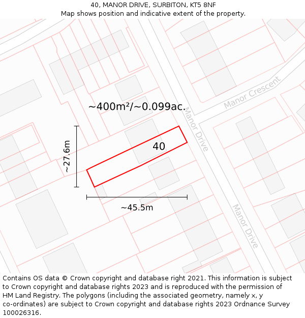 40, MANOR DRIVE, SURBITON, KT5 8NF: Plot and title map