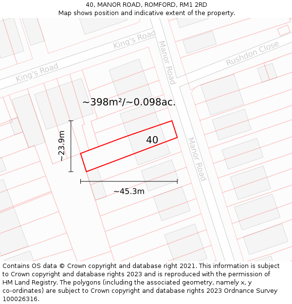 40, MANOR ROAD, ROMFORD, RM1 2RD: Plot and title map