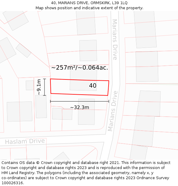 40, MARIANS DRIVE, ORMSKIRK, L39 1LQ: Plot and title map