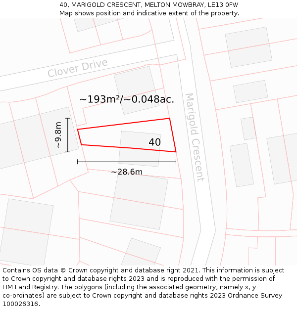 40, MARIGOLD CRESCENT, MELTON MOWBRAY, LE13 0FW: Plot and title map