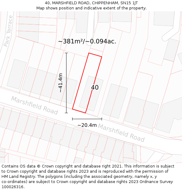 40, MARSHFIELD ROAD, CHIPPENHAM, SN15 1JT: Plot and title map