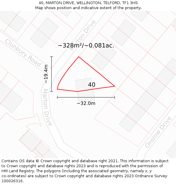 40, MARTON DRIVE, WELLINGTON, TELFORD, TF1 3HS: Plot and title map
