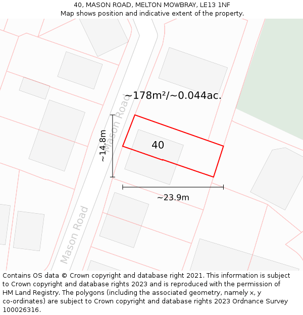 40, MASON ROAD, MELTON MOWBRAY, LE13 1NF: Plot and title map