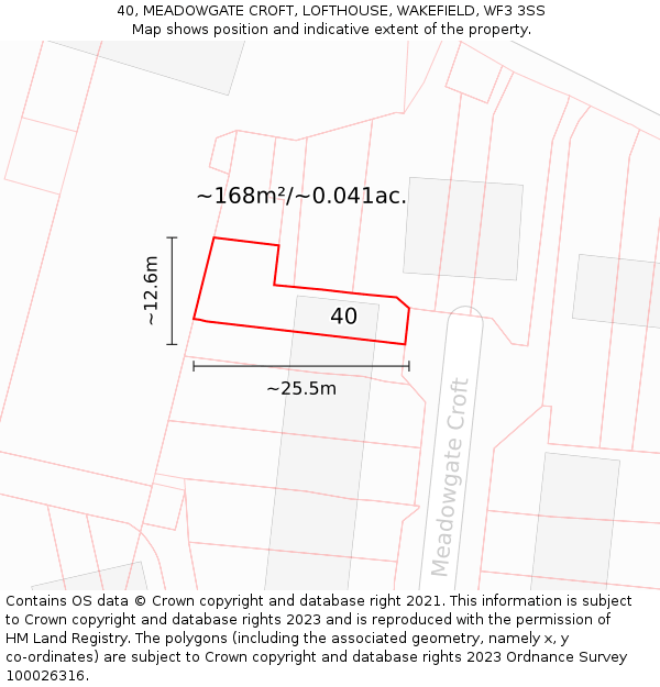 40, MEADOWGATE CROFT, LOFTHOUSE, WAKEFIELD, WF3 3SS: Plot and title map