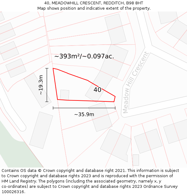 40, MEADOWHILL CRESCENT, REDDITCH, B98 8HT: Plot and title map