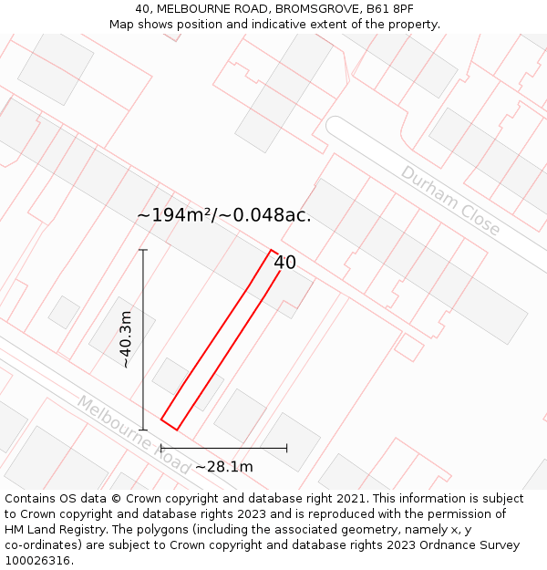 40, MELBOURNE ROAD, BROMSGROVE, B61 8PF: Plot and title map