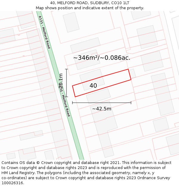 40, MELFORD ROAD, SUDBURY, CO10 1LT: Plot and title map