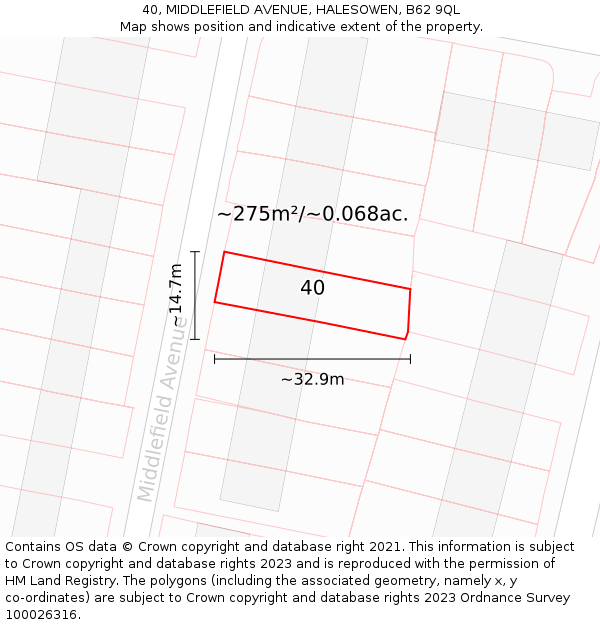 40, MIDDLEFIELD AVENUE, HALESOWEN, B62 9QL: Plot and title map