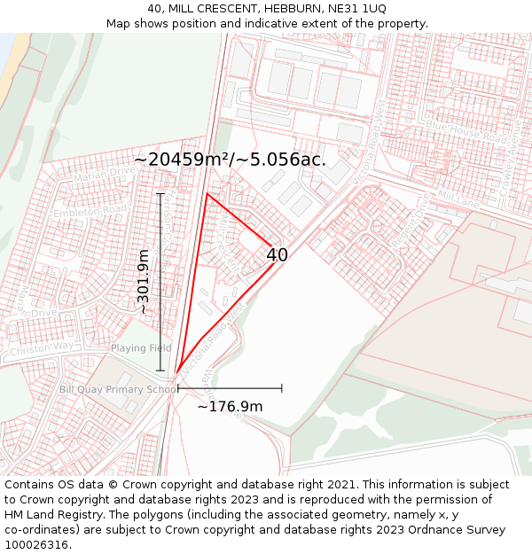 40, MILL CRESCENT, HEBBURN, NE31 1UQ: Plot and title map
