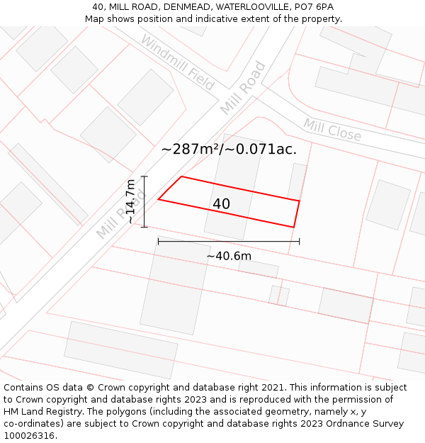 40, MILL ROAD, DENMEAD, WATERLOOVILLE, PO7 6PA: Plot and title map