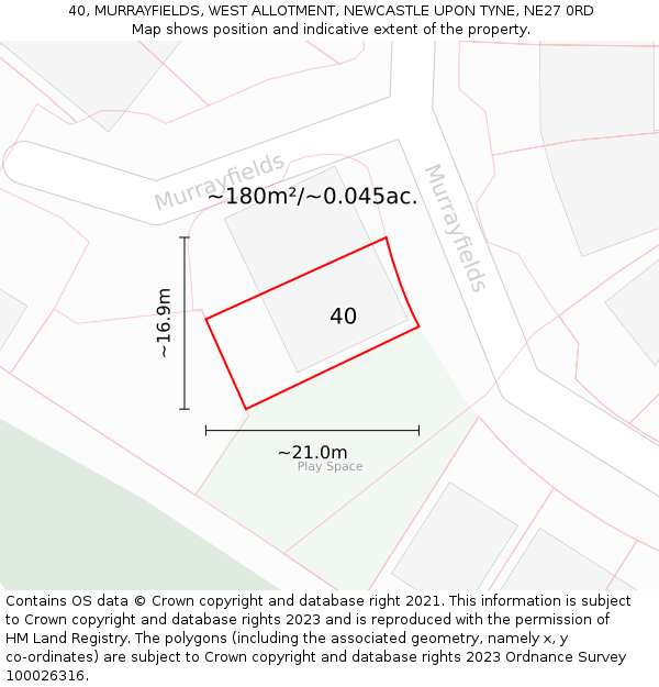 40, MURRAYFIELDS, WEST ALLOTMENT, NEWCASTLE UPON TYNE, NE27 0RD: Plot and title map