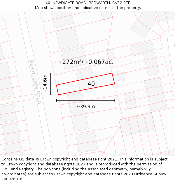 40, NEWDIGATE ROAD, BEDWORTH, CV12 8EF: Plot and title map