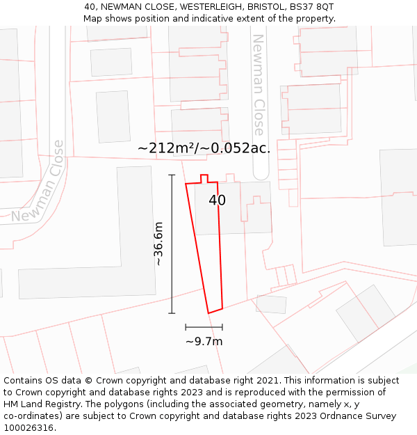 40, NEWMAN CLOSE, WESTERLEIGH, BRISTOL, BS37 8QT: Plot and title map