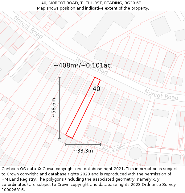 40, NORCOT ROAD, TILEHURST, READING, RG30 6BU: Plot and title map
