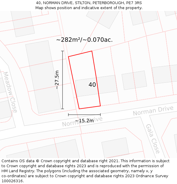 40, NORMAN DRIVE, STILTON, PETERBOROUGH, PE7 3RS: Plot and title map