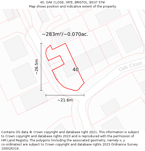 40, OAK CLOSE, YATE, BRISTOL, BS37 5TW: Plot and title map
