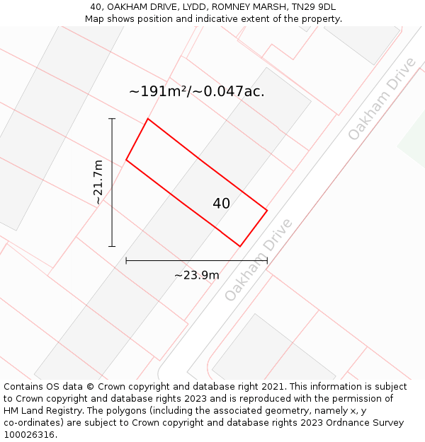 40, OAKHAM DRIVE, LYDD, ROMNEY MARSH, TN29 9DL: Plot and title map