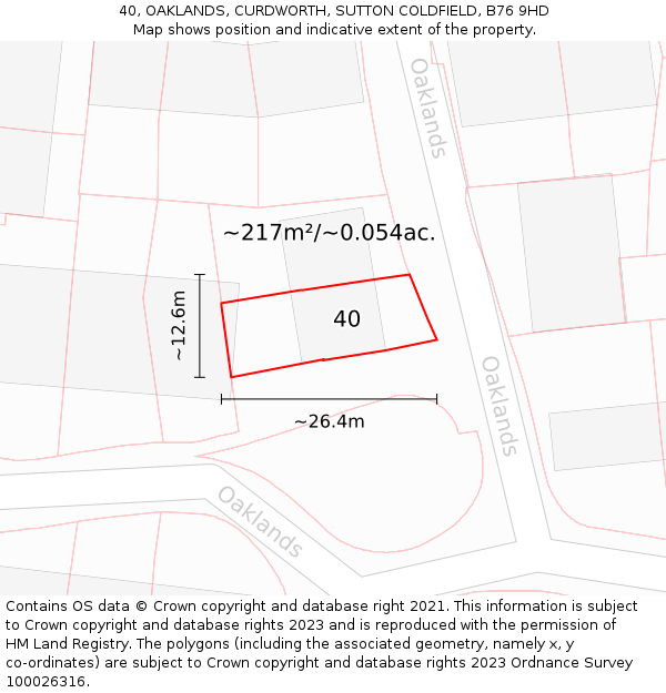 40, OAKLANDS, CURDWORTH, SUTTON COLDFIELD, B76 9HD: Plot and title map