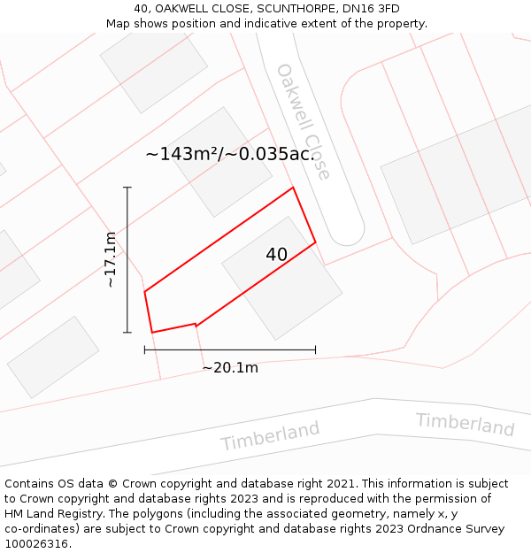 40, OAKWELL CLOSE, SCUNTHORPE, DN16 3FD: Plot and title map