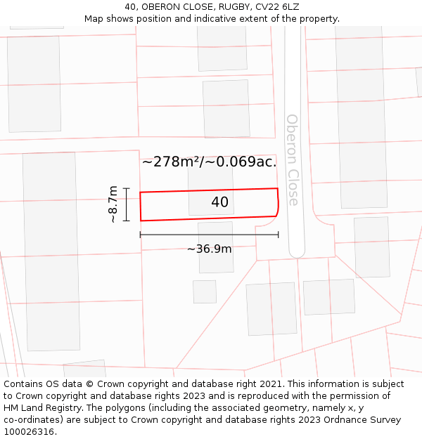 40, OBERON CLOSE, RUGBY, CV22 6LZ: Plot and title map