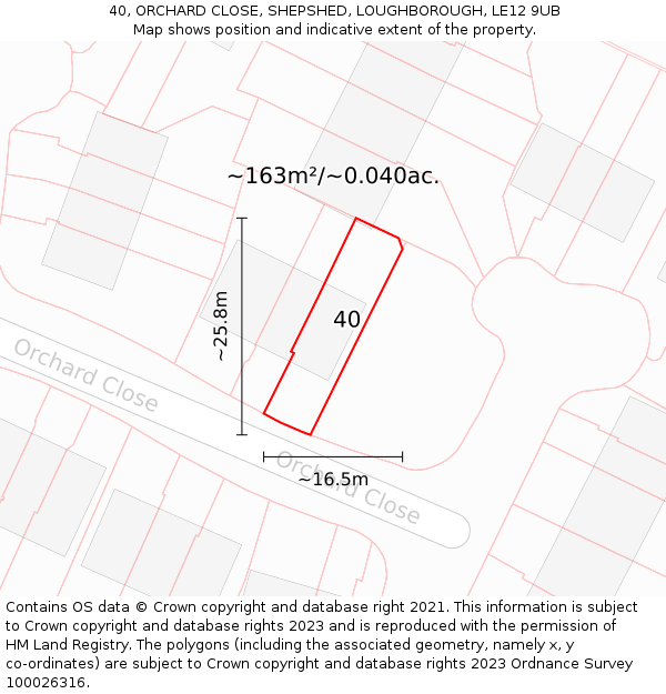 40, ORCHARD CLOSE, SHEPSHED, LOUGHBOROUGH, LE12 9UB: Plot and title map