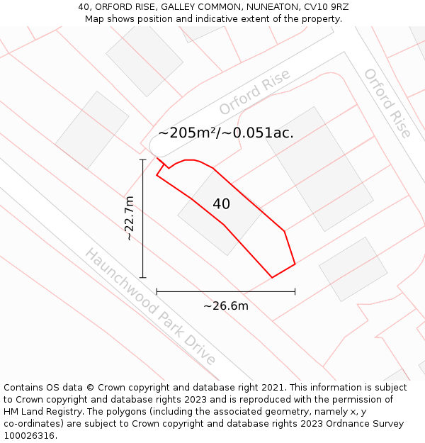 40, ORFORD RISE, GALLEY COMMON, NUNEATON, CV10 9RZ: Plot and title map