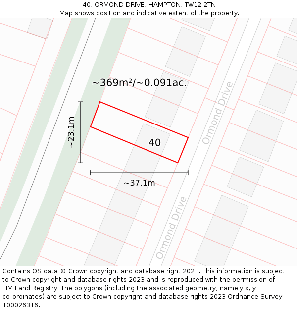 40, ORMOND DRIVE, HAMPTON, TW12 2TN: Plot and title map