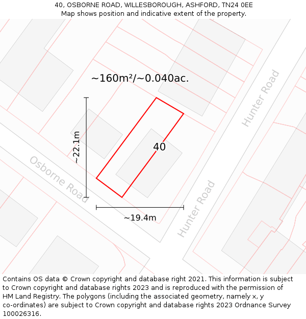 40, OSBORNE ROAD, WILLESBOROUGH, ASHFORD, TN24 0EE: Plot and title map