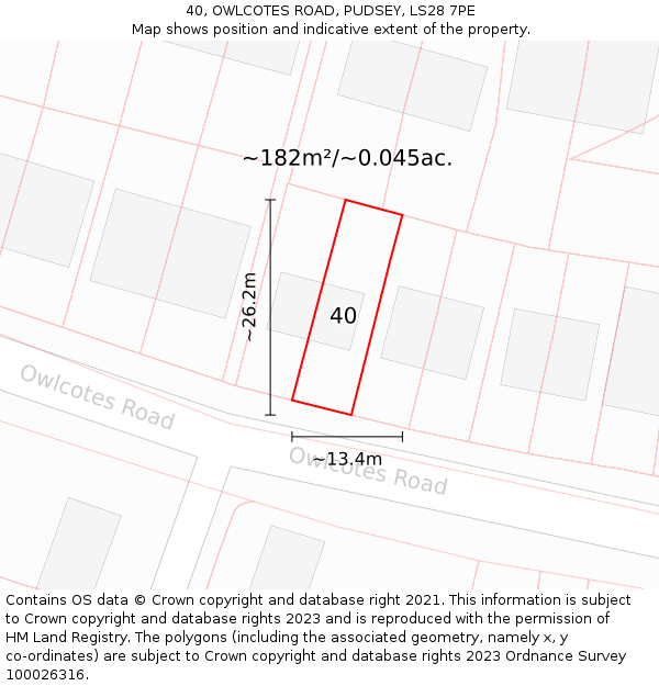 40, OWLCOTES ROAD, PUDSEY, LS28 7PE: Plot and title map
