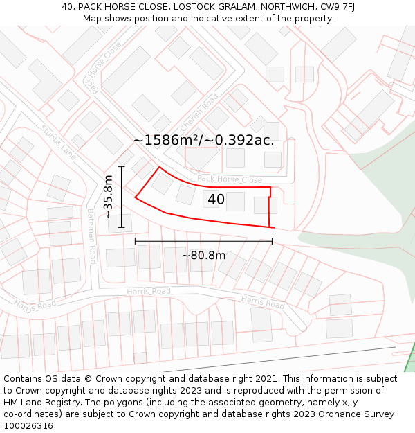 40, PACK HORSE CLOSE, LOSTOCK GRALAM, NORTHWICH, CW9 7FJ: Plot and title map