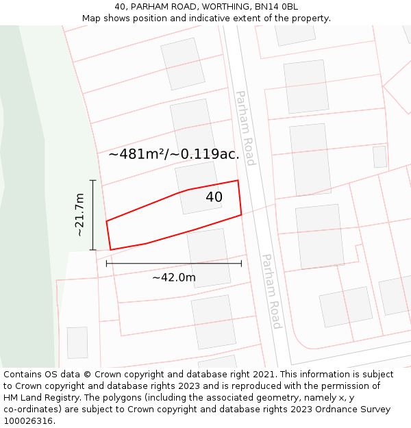 40, PARHAM ROAD, WORTHING, BN14 0BL: Plot and title map
