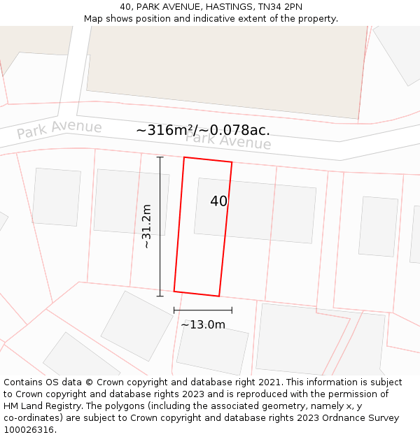 40, PARK AVENUE, HASTINGS, TN34 2PN: Plot and title map