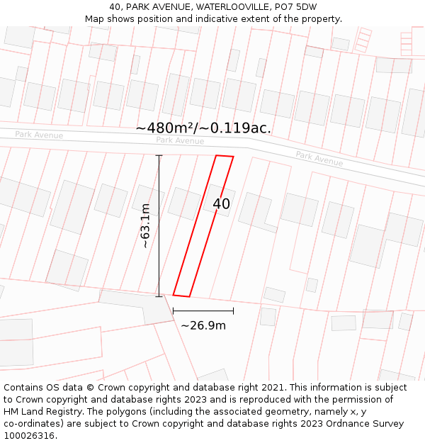40, PARK AVENUE, WATERLOOVILLE, PO7 5DW: Plot and title map