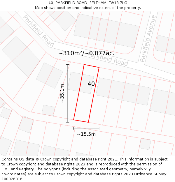 40, PARKFIELD ROAD, FELTHAM, TW13 7LG: Plot and title map
