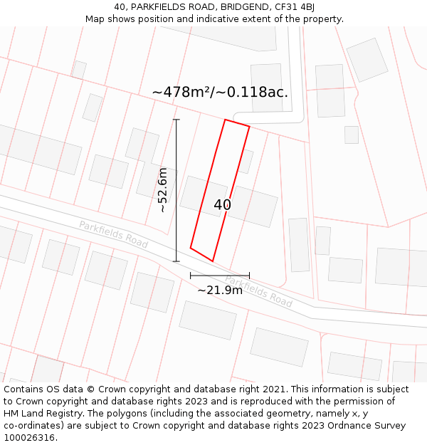 40, PARKFIELDS ROAD, BRIDGEND, CF31 4BJ: Plot and title map