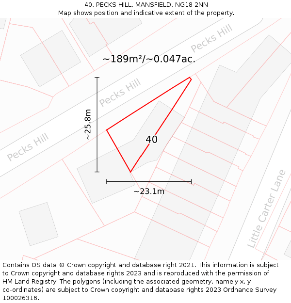 40, PECKS HILL, MANSFIELD, NG18 2NN: Plot and title map