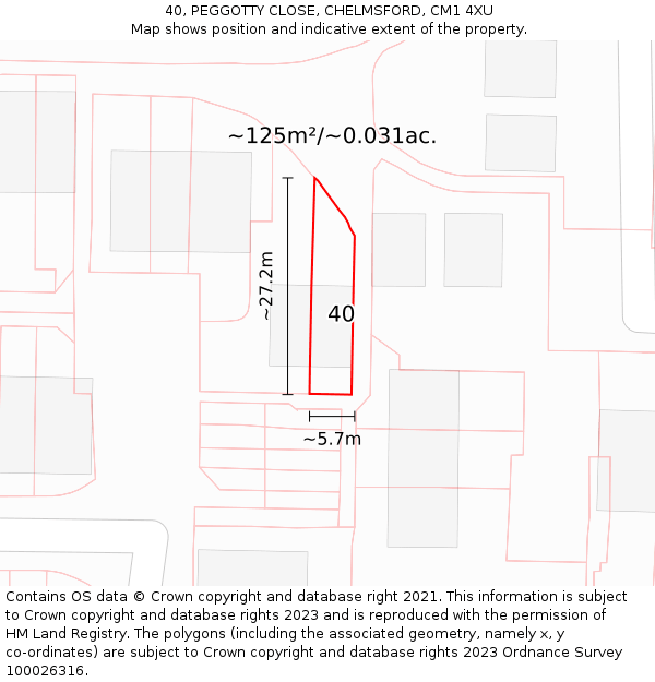 40, PEGGOTTY CLOSE, CHELMSFORD, CM1 4XU: Plot and title map