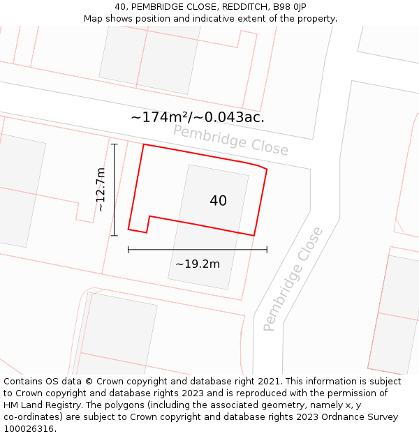 40, PEMBRIDGE CLOSE, REDDITCH, B98 0JP: Plot and title map