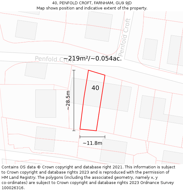 40, PENFOLD CROFT, FARNHAM, GU9 9JD: Plot and title map
