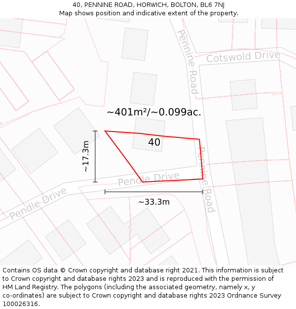 40, PENNINE ROAD, HORWICH, BOLTON, BL6 7NJ: Plot and title map